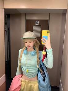 Women's Light Blue Knitted Long Sleeve Top, Round Neck Design, Unique Front Detail, Suitable For Daily Wear Summer - Mint Green - View 4