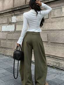 Women's Green Wide Leg Pants With Unique Wrap Button Hem Design For Modern Fashion Look - Olive Green - View 6