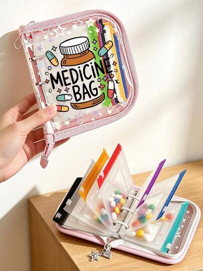 Carpeta/Bolsa de almacenamiento de medicamentos portátil con hojas sueltas, "Bolsa de medicamentos" y estampado de pastillas, bolsa compacta de almacenamiento de pastillas y botiquín de primeros auxilios, juego de cajas de almacenamiento de pastillas, diseño de estrella láser Ins, bolsa de medicamentos con cremallera colorida y etiqueta escribible, bolsa de almacenamiento de medicamentos de gran capacidad para 7 días, adecuada para almacenar tabletas, suplementos y pequeñas necesidades diarias, ideal para usuarios conscientes de la salud y viajeros, accesorios médicos esenciales, artículos esenciales para dormitorios, artículos esenciales para viajes, regalo del Día del Maestro, regalo de Navidad
