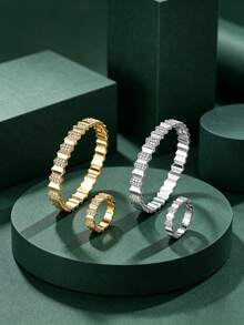 4pcs/Set Women's Geometric Tiered Rhinestone Bracelet & Ring Set, Luxury 3D Patchwork Design, Exquisite Sparkling Versatile Jewelry, Suitable For Banquet, Date, Wedding And Holiday Gift - S62619-jZ23846 - View 22