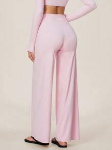 TimeOff Women's One Set Autumn/Winter Colorblock Halter V-Neck 2 In 1 Long Sleeve Cropped Top & Cross V-Waist Wide Leg Pants Yoga Set - Pink - View 6