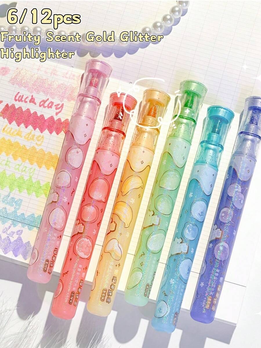 6/12pcs Golden Shine Highlighter, Fruity Scent Glitter Highlighter, Triangular Barrel Design, For Journaling, Study, Small Gifts For Stationery Lovers - Multicolor - View 1