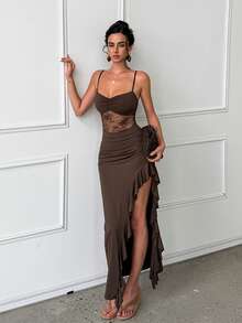 Women's Lace Splicing Sexy Spaghetti Strap Long Dress Ruffle High Slit Evening Gown Elegant Party Banquet Dress,Brown - Brown - View 4