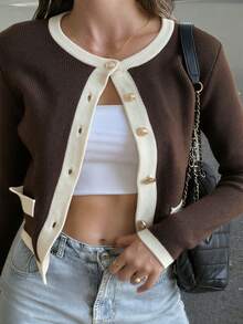 Women's Autumn/Winter New French Romantic Soft Feminine Fashion Contrast Trim Commuter Style Knit Cardigan Top - Coffee and White - View 2