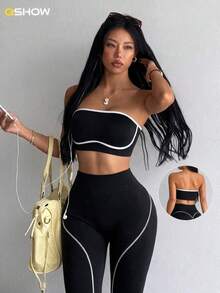 Women's Seamless White Striped Sports Bra And Leggings Set Yoga Leggings Set Strapless Two Pieces Set Workout Set Gym Legging Curve Activewear Set - Black - View 1