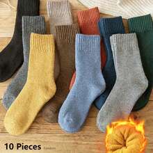5 Pairs Random Color Women's Autumn/Winter Thermal Lined Thick Terry Mid-Calf Socks, Solid Color Warm Sleep Socks, 1/3 Pairs, 6/10 Pairs - Multicolor - View 7