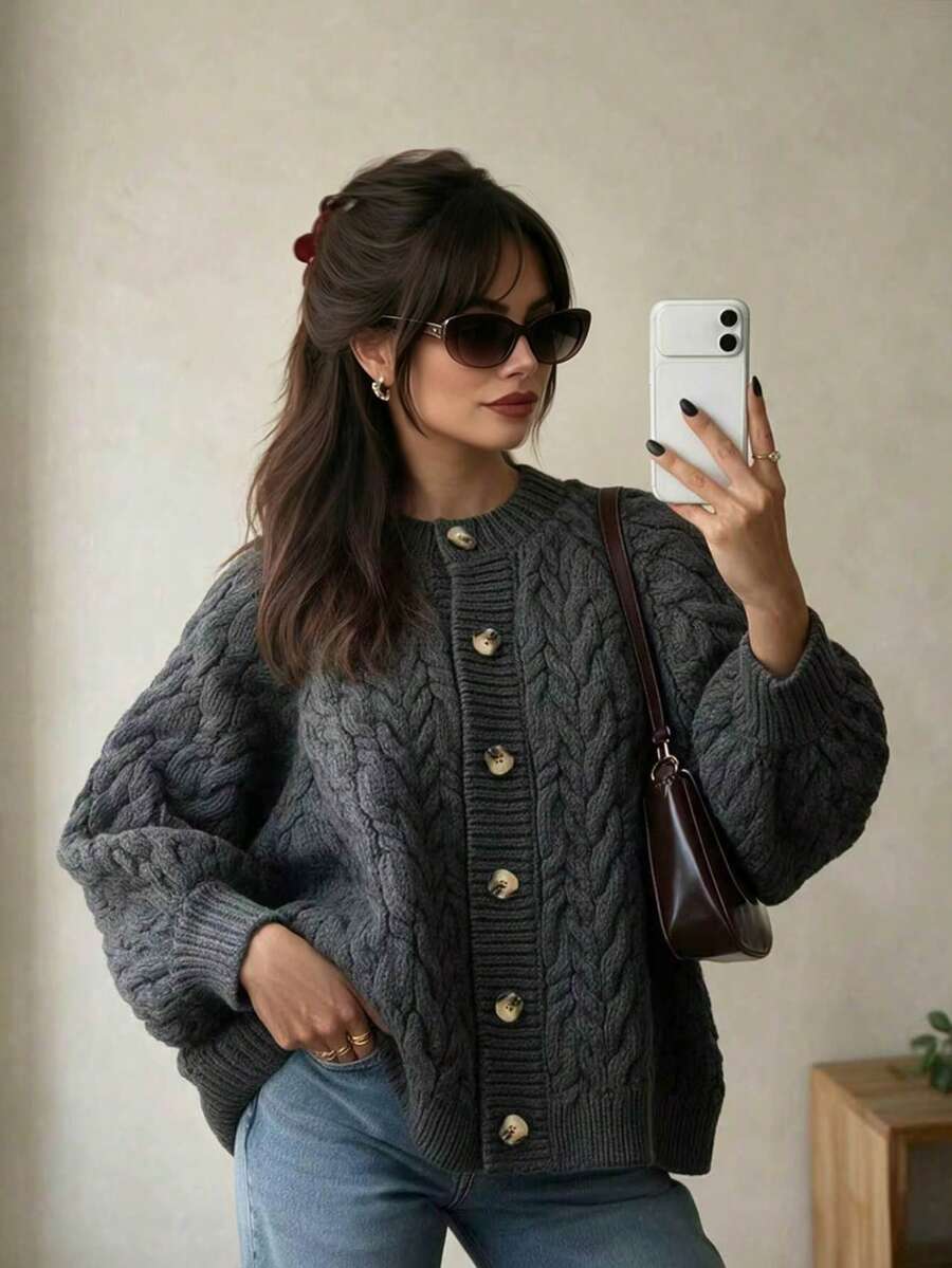 MORI Autumn/Winter Y2K Elegant Dark Gray Chunky Cable Knit Loose Oversized Round Neck Button Cardigan Sweater Top For Women - Grey - View 1