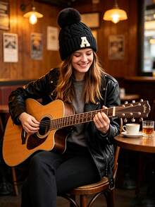 1 Pc Customizable A-Z Letter Black Cable Knit Pom Pom Beanie For Women Men, Stylish Cuffed Beanie For Outdoor, Concert, Daily Autumn Winter Wear - Black - View 3