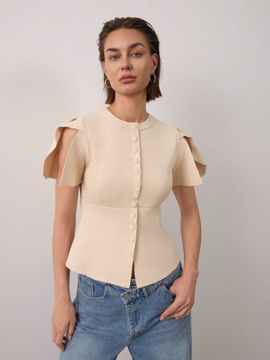 Cardigan Rajut Pas Badan Wanita dengan Lengan Kelopak Bunga dan Leher Bulat - Krem - View 1