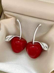 1 Pair Luxury Red Resin Asymmetrical Cherry Stud Earrings, Suitable For Women's Holiday Party Wear - Silver + Burgundy - View 6