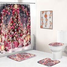 1pc/4pcs Pink Bow Christmas Tree Pattern Multifunctional Bathroom Decor Shower Curtain Set, Free 12 Hooks, Premium Holiday Atmosphere, Bathroom Mat, U-Shaped Rug And Round Toilet Lid Cover, Suitable For All Occasions, Bathroom Set - Pink Bow Christmas Tree - View 7