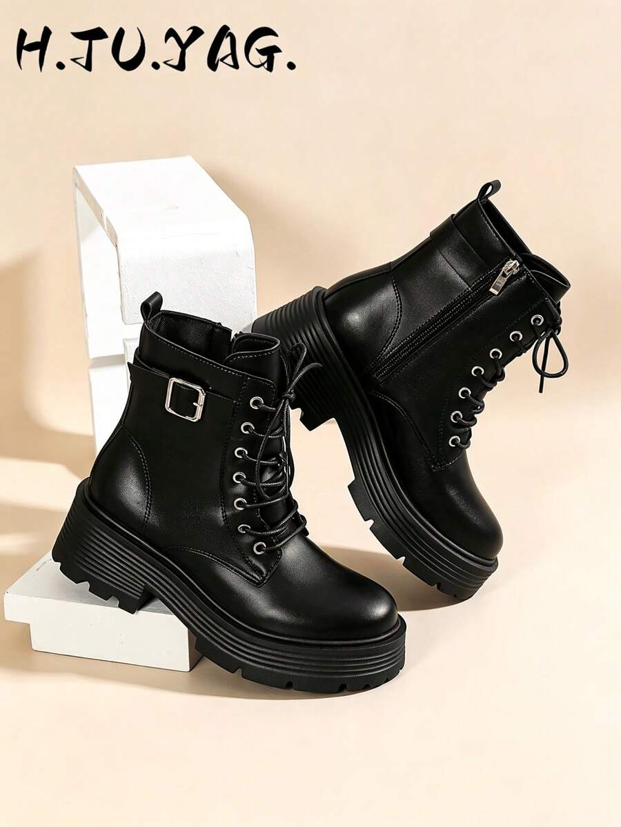 Autumn/Winter Comfortable Lace-Up Chunky Heel Ankle Boots, Black & White,Boots For Women