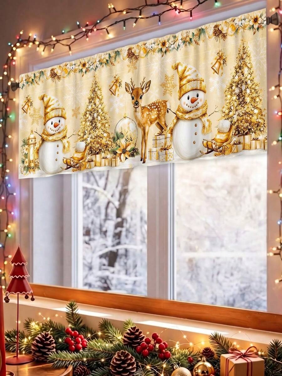 1Pc Christmas Curtains Valance, Sunshade Curtain With Snowman/Elk/Christmas Tree Design, Christmas Curtain Panel, Kitchen Printed Short Curtains, Merry Christmas Decoration, Christmas Decoration, Christmas Eve Decoration, Christmas Home Decor, Xmas Decor, Kitchen, Bedroom, Bathroom Decor