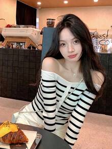 Women's Knit Cardigan Off-Shoulder Long Sleeve Ribbed Ribbed Top Single Breasted Cropped Waist-Baring Slim Fit Base Layer Sweet Cool Sexy Hot Girl Y2K Style Autumn Casual Street Date Inner Wear - Black and White - View 3
