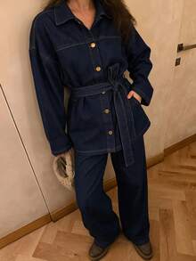 Women's Solid Color Belted Front Button Long Sleeve Top And Jeans Pants Set - Navy Blue - View 1