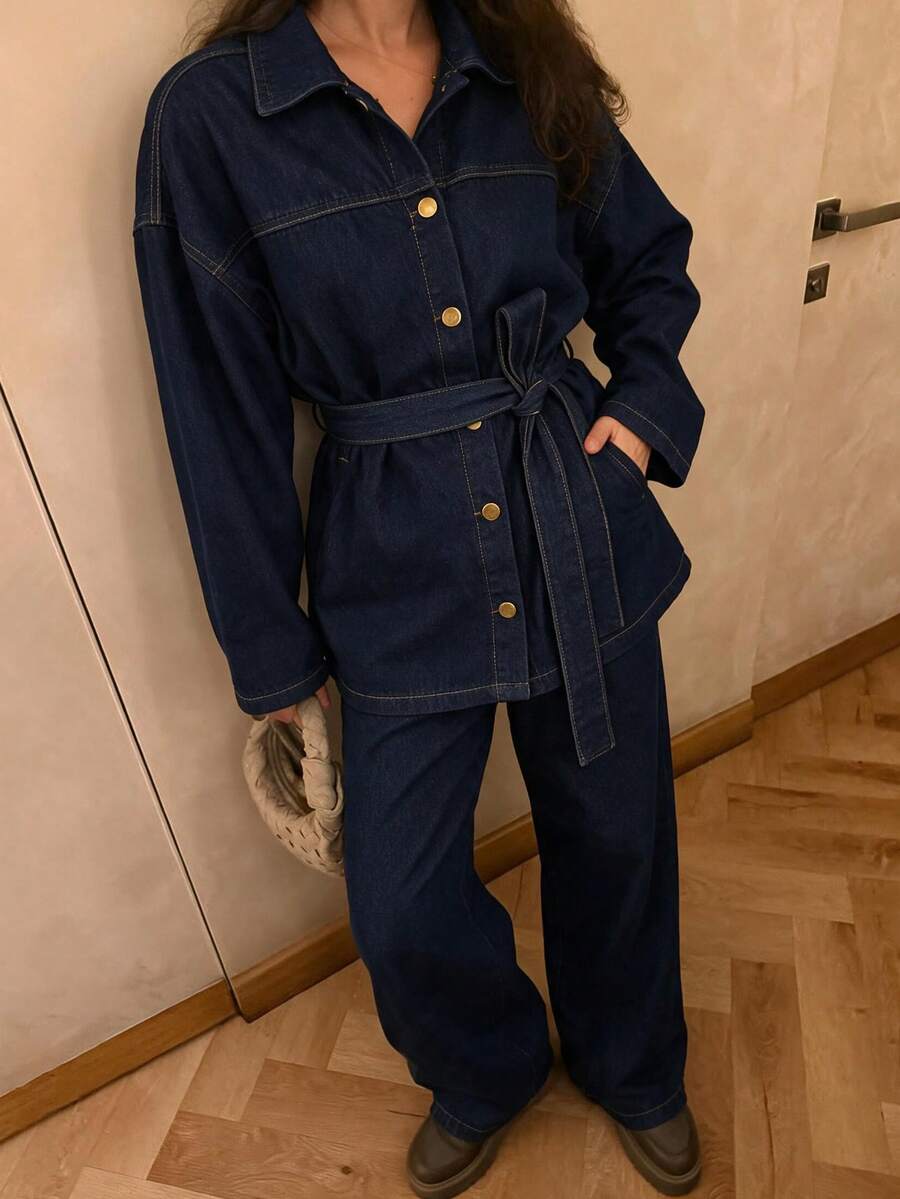 Women's Solid Color Belted Front Button Long Sleeve Top And Jeans Pants Set - Navy Blue - View 1