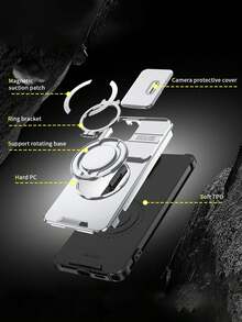 Shockproof 360° Rotating Ring Holder Car Magnetic Mount Matte Texture Sliding Camera Full Camera Protection Phone Case Compatible With Samsung Galaxy S26 Ultra S25 Ultra S24 Ultra S23 Ultra S22 Ultra With Lanyard Anti-Collision Protective Shell - Silver - View 4