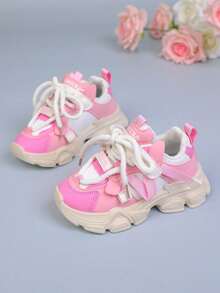 1 Pair New Chunky Sneakers For Summer And Autumn, Versatile Fashionable Leather Upper, Durable - Pink - View 2