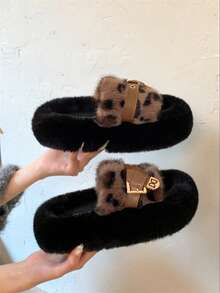 2026 New Autumn/Winter Thick Sole Fuzzy Slippers, Solid Color Beach Faux Fur Slouchy Slides, Indoor Home Office Retro Flat Open Toe Slippers For Spring/Autumn - Leopard Print - View 2