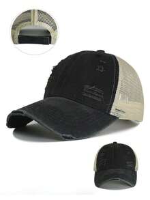1pc Distressed Mesh Trucker Hat Unisex, Vintage Washed Ripped Cap, Adjustable Breathable Patchwork Sun Cap,Retro Streetwear Hat For Outdoor Daily Wear - A - View 1