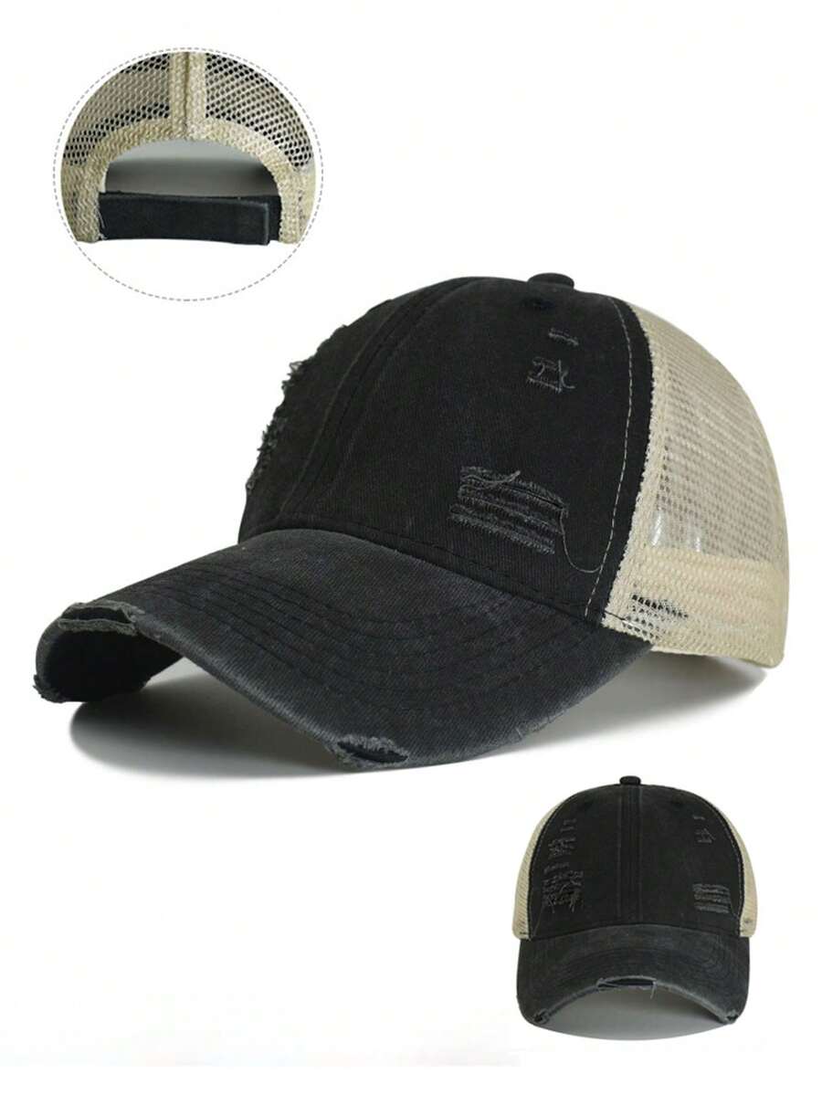1pc Distressed Mesh Trucker Hat Unisex, Vintage Washed Ripped Cap, Adjustable Breathable Patchwork Sun Cap,Retro Streetwear Hat For Outdoor Daily Wear - A - View 1