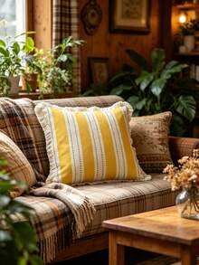 1PC American Country Printed Pillowcase Cover With Tassel Border, Double-Sided Decorative Pillowcase, Yellow Striped Green Polka Dot Design Pattern, Home Decoration, Sofa, Bed, Bedroom(Excluding Pillow Core)-Size Excludes 3cm Tassels - Multicolor - View 10