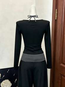 Women's Fashion Notch Neck Long Sleeve T-Shirt With Button Detail And Striped Patchwork, Regular Length 2-In-1 Design - Black - View 4