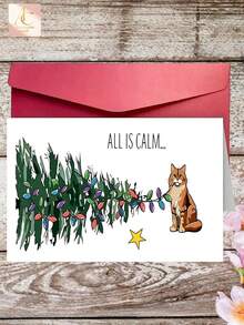 1pc Hilarious Cat Christmas Greeting Card, "All Is Calm" Funny Xmas Card With Mischievous Orange Cat Tangling Christmas Lights, Cute Holiday Stationery, Perfect Gift For Cat Lovers, Blank Inside For Writing Warm Christmas Wishes - One Size Fits All - View 2