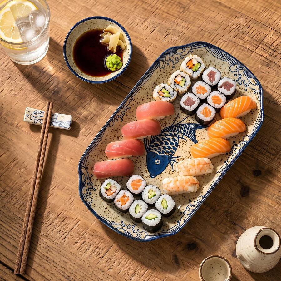 YOLIFE 1 đĩa gốm kiểu Nhật dùng cho sushi, khay đựng sashimi, đĩa đựng bít tết, đĩa tráng miệng, đĩa khoai tây chiên, phụ kiện nhà bếp, phù hợp cho gia đình, nhà hàng, tiệc tùng, làm quà tặng - Xem 1