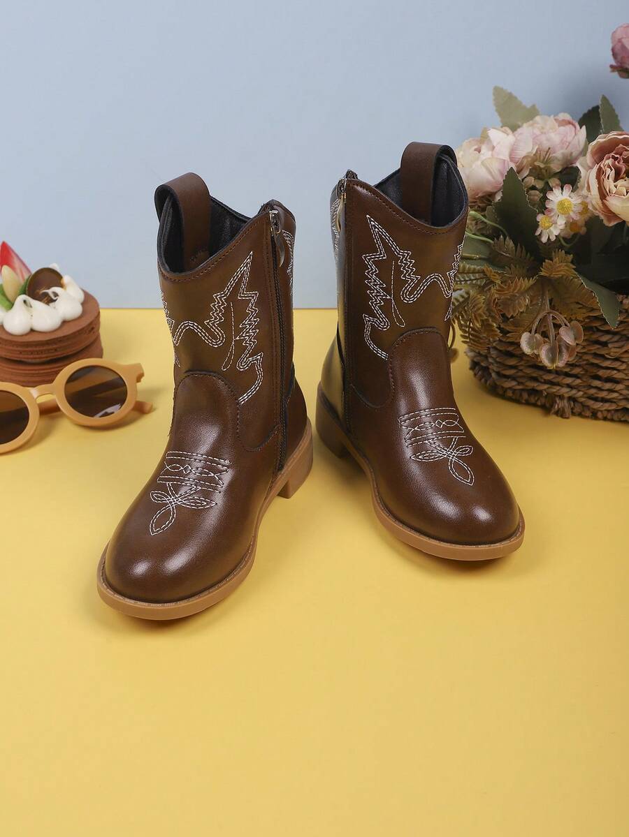 Children's Fashion Casual Outdoor Western Cowboy Boots, Minimalist Solid Color Design, Retro Boots Autumn/Winter Knight Ankle Boots - Brown - View 1