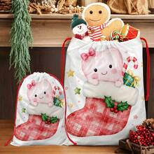 2pcs Double-Sided Printed Drawstring Christmas Gift Bags, Plaid Christmas Socks, Candy Cane And Gift Box Pattern, Sweet Cartoon Holiday Gift Packaging Bags, Large Drawstring Storage Bags, Suitable For Candy, Clothing Packaging And Christmas Party Gift Exchange - Multicolor - View 4