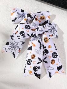 2pcs/12pcs Girls Halloween Multi-Color Printed Long Ribbon Bow Hair Clips Set, Cartoon Pumpkin Ghost Spider Pattern Hair Clips For Kids, Holiday Party Cosplay Costume Satin Ribbon Hair Accessories - Multicolor - View 3