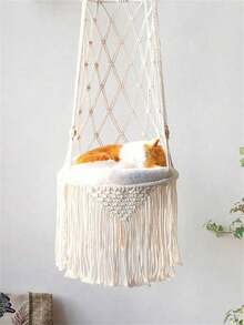 1pc Bohemian Style Cat Hammock, Hand-Woven Cotton Rope Pet Basket - Suitable For All Seasons, Decorative Hanging Cat Cradle Hammock For Living Room And Balcony - A-style With Hanging Strap - View 8