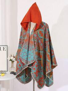 1pc Jacquard Butterfly Print Hooded Cape Fashion Shawl - Multicolor - View 7