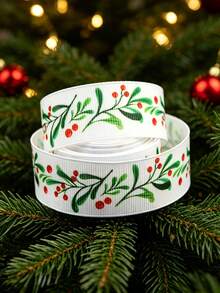 5 Yards Christmas Holly Pattern Polyester Grosgrain Ribbon Roll -Durable & Flexible For Gift Wrapping, Hair Bows, Holiday Wreaths, Home Decor, Theme Parties, Christmas Decor Ribbon For Gift Wrapping, Crafts - Multicolor - View 5