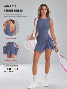 Athletic Casual Tennis Skort Dress Sleeveless Backless With Built-In Shorts - Navy Blue - View 9