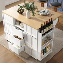 Kitchen Cabinet, Serving Trolley With Wood Grain, Kitchen Trolley With Castors And Worktop, With Spice Rack And Towel Rail, Kitchen Island With Sliding And Drawers, White - 1 - View 1