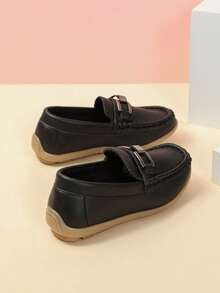 New Kids' Slip-On Loafers, Metal Buckle Round Toe, Versatile Lightweight Casual Shoes, Runs Small By One Size, British Style - Black - View 6