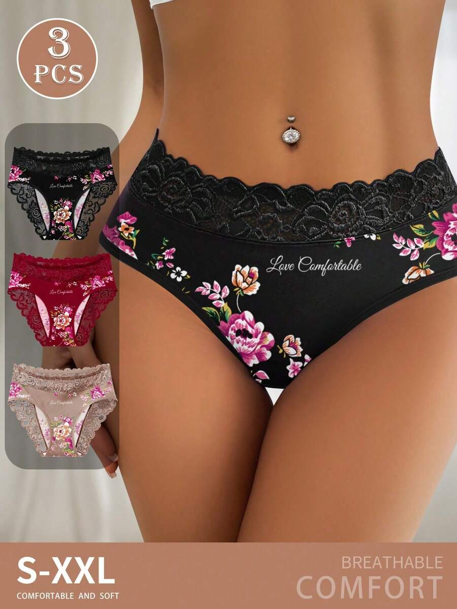 3pcs Women's Floral Lace Panty Set, Soft Elastic Underwear, Comfortable Mid-Waist Panties, Suitable For Daily Wear, Work, Travel
