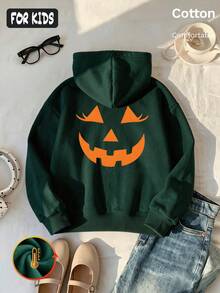 Halloween Autumn Winter Girls' Hooded Fleece Sweatshirt With Orange Pumpkin Face Print - Dark Green - View 4