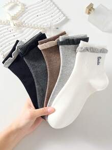 4 Pairs Women's Cute Sweet Letter Lace Solid Color Mid-Calf Socks/Boat Socks/Short Socks/Ankle Socks, White Socks, Minimalist Socks, Student Socks, Comfortable Casual Creative Daily Versatile Socks, Random Colors, Suitable For Daily Life, Suitable For Spring Summer Autumn Winter Wear, All Seasons Applicable. - Multicolor - View 6