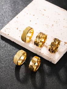 Hipoem 5pcs Fashion Stainless Steel Men's Ring Set With Mesh Embossed Chain & Diagonal Brushed Elements, Suitable For Daily Wear, Dating, Halloween Party Accessories - Gold - View 5