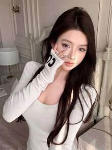 女款秋季圓領長袖修身字母印花T恤 - 白色 - 查看 4