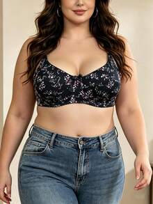 3pcs Plus Size Printed Fashion Bra For Women, Adjustable Shoulder Straps, Side-Smoothing, Anti-Sagging, Thin Adjustable Hook-And-Eye Underwear - Black - View 3