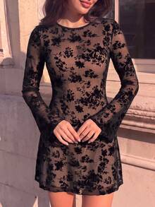 Women's Flocked Bell Sleeve Fitted A-Line Dress - Black - View 4