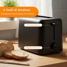 Baroni Home 2-Schlitz-Toaster mit 6 Bräunungsstufen, automatischer Auswurf, herausnehmbare Krümelschublade, kompakter Toaster für Brot und Toast, 25x15x15 cm - EU E-Typ Stecker (220-240V) - Übersicht 4