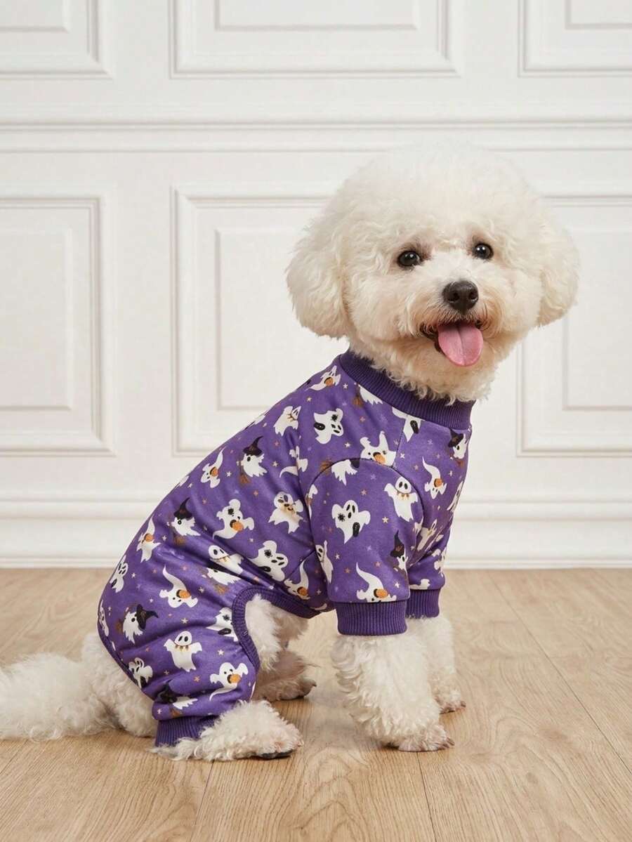 LUCKIE PAL 1pc Halloween Cute Goose Witch Ghost Print Pattern Cat Dog Polyester Four-Legged Pajamas, Elastic Soft Comfortable Warm Pet Cat Dog Suitable For Indoor Outdoor Autumn Winter - Multicolor - View 1