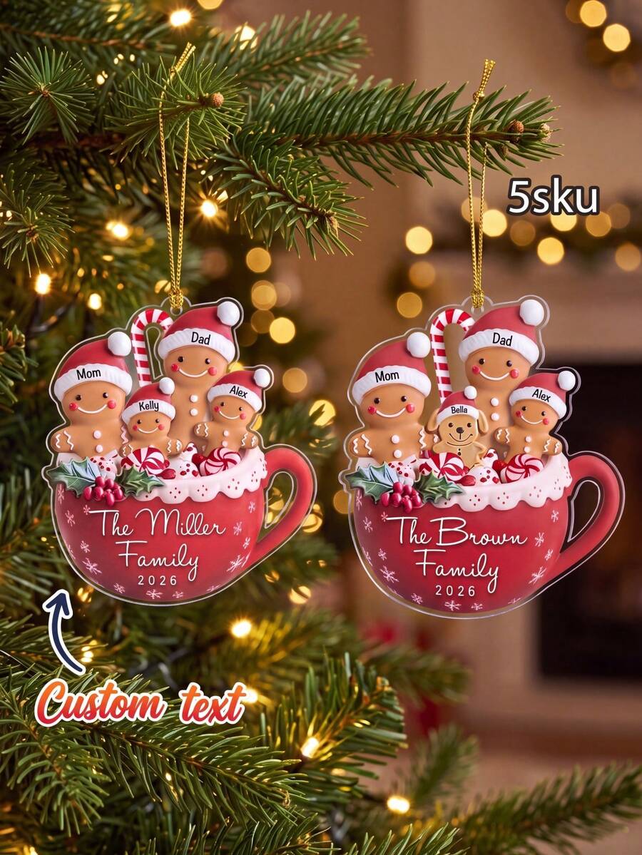 1 buah Ornamen Natal Nama Keluarga Kustom, Desain Cangkir Cokelat Panas Manusia Kue Jahe, Dekorasi Gantung, Hadiah Kenang-kenangan Liburan yang Dipersonalisasi untuk Keluarga - MultiWarna - View 1