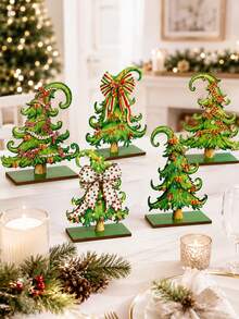5/1pc Christmas Wooden Tree Decor, Christmas Tree Table Centerpiece, Creative Green Christmas Tree With Wooden Base Logo, Suitable For Farmhouse Style Fireplace Windowsill Room Decoration, Party Holiday Decor, Christmas Decoration - Green - View 2