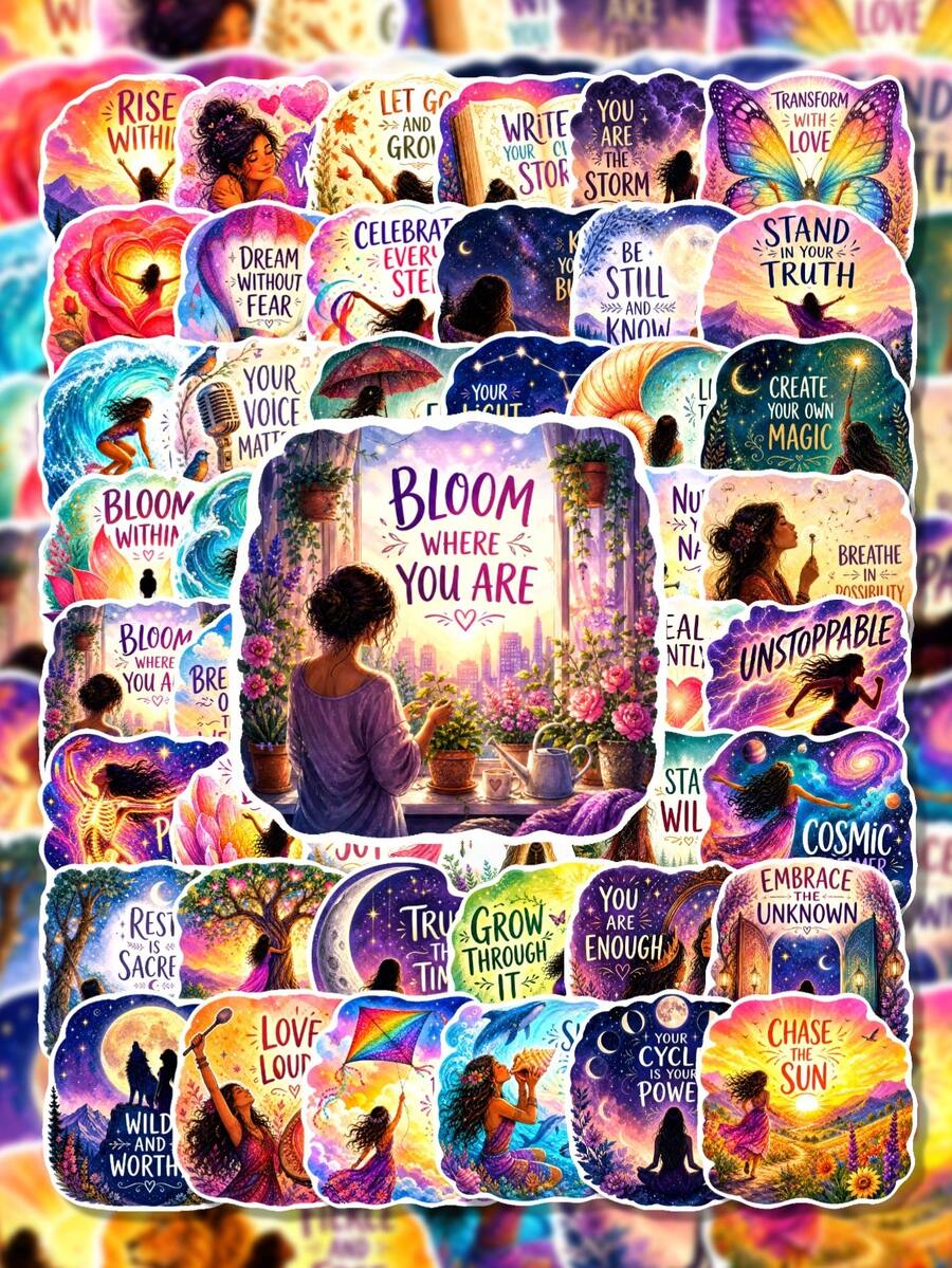 50pcs PP Material She Is Not Defined Stickers, Women Empowerment Inspirational Style, Featuring Rainbow, Flower, Heart, Lighthouse, Butterfly Elements, Suitable For Scrapbooking, Water Bottle, Luggage, Skateboard, Notebook, Storage Box, DIY Craft Decoration - Multicolor - View 1